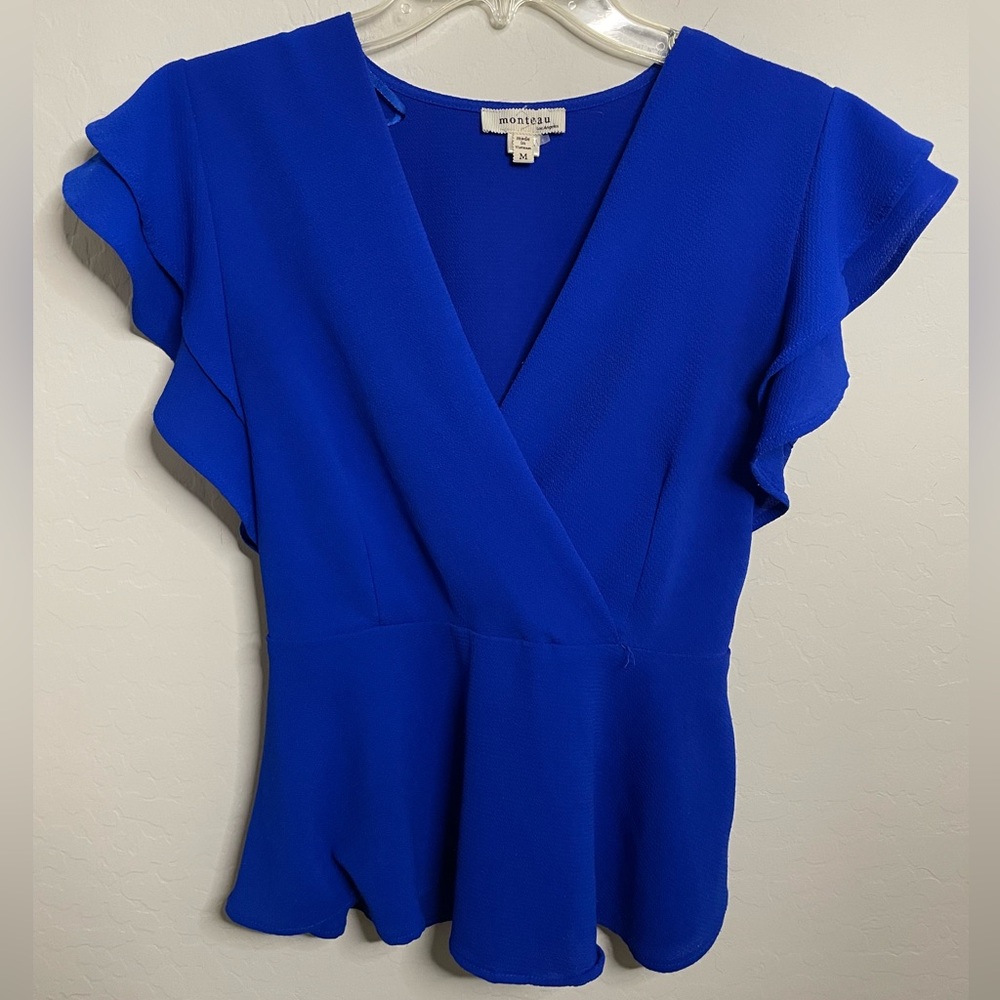 Monteau Blue Wrap Ruffled Blouse
